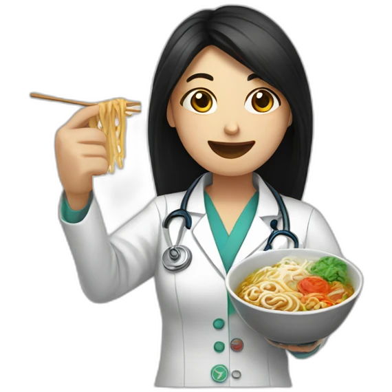 female doctor with long dark hair eating ramen bowl with thumbs up emoji