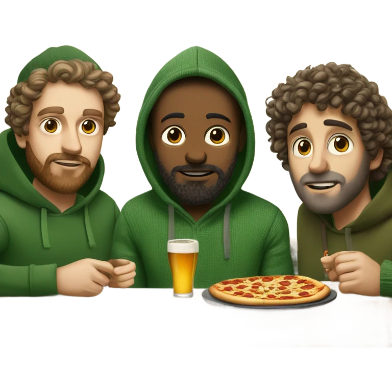 Three dudes,from Caucasian background, one wearing a ribbed green sweater,another one is artsy and wears beanies and hoodies, and the other has curly hair and beard wears a linen shirt. They are eating pizza in lower Manhattan, and drinking Stella Artois emoji