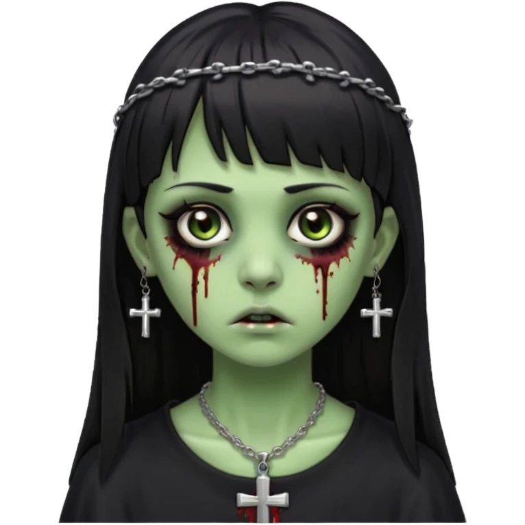 Zumbi verde com olhos castanhos aspecto de que tá sangrando, uma franja reta com cabelo preto um piercing do lado esquerdo do nariz, roupa preta e crucifixo como colar, e também delineador emoji