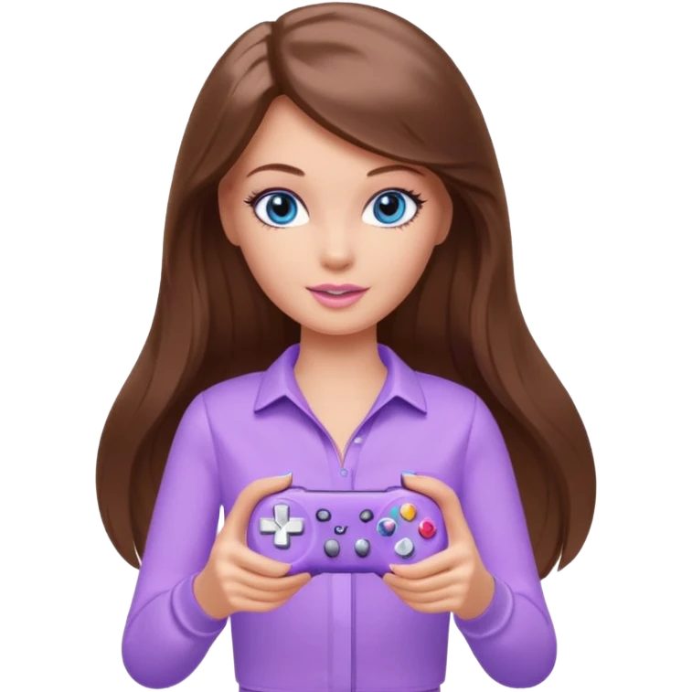 beautiful barbie girl with long brown hair, blue eyes and wearing light purple clothes playing console games with controller emoji