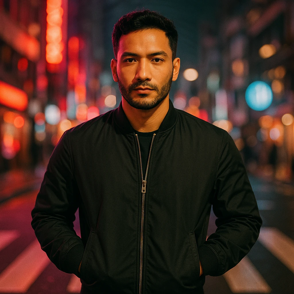 Create a cinematic city scene of a Southeast Asian man in his early 30s with medium tan skin, standing still in a crosswalk with hands in pockets, wearing a dark bomber jacket. The scene has glowing neon lights, spiral blur, confident expression, soft flash, urban nightlife, 35mm film style. Use the reference image for face. emoji