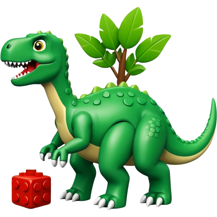 A green dinosaur playing with LEGO emoji