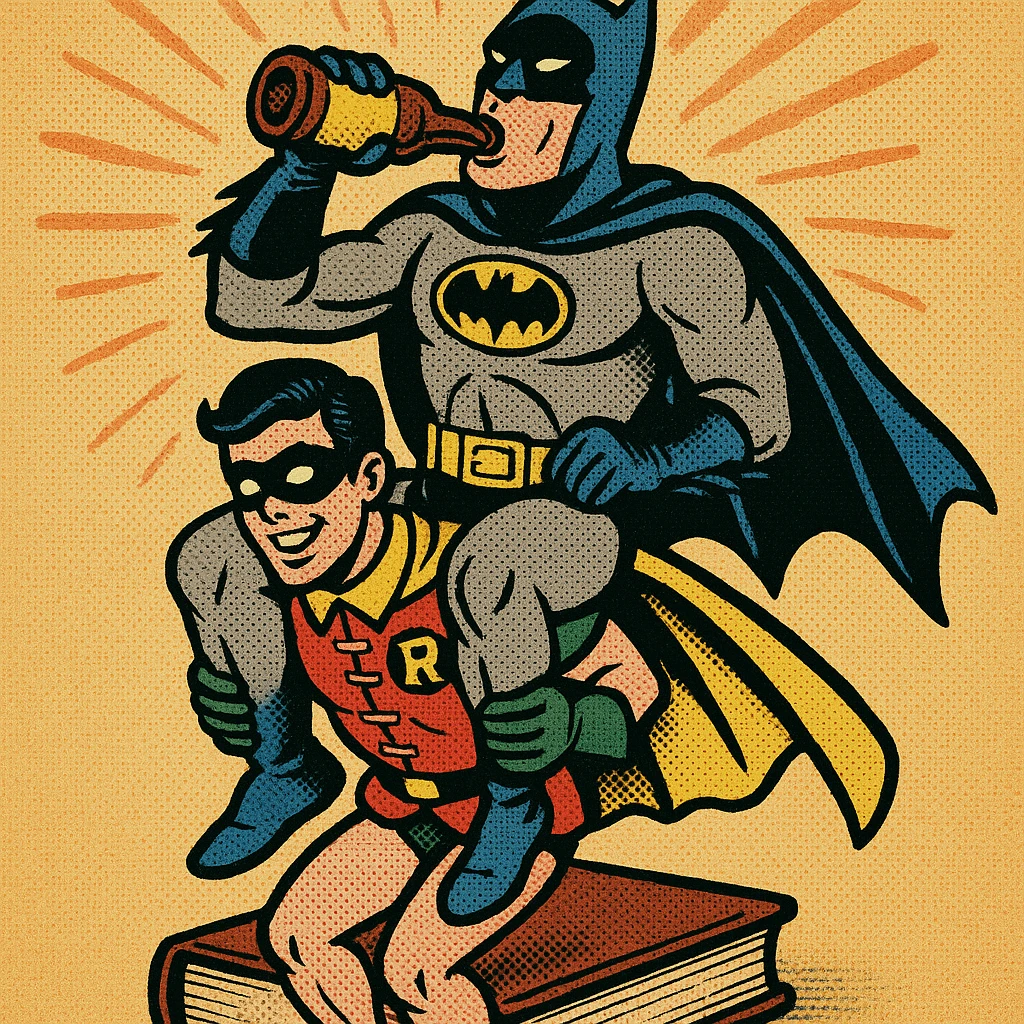 Batman sitting on a book, drinking beer, held by Robin, in a fun and dynamic comic style scene emoji