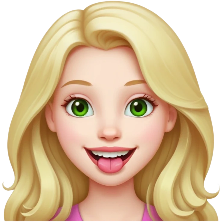 Young girl with pale skin, full pink lips smiling, blonde reddish long hair, big brown eyes with a hint of green, big mouth emoji