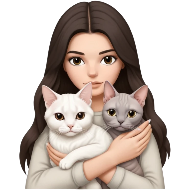 brunette Kendall Jenner with long hair holding on the hands a british white cat and a grey Sphynx emoji