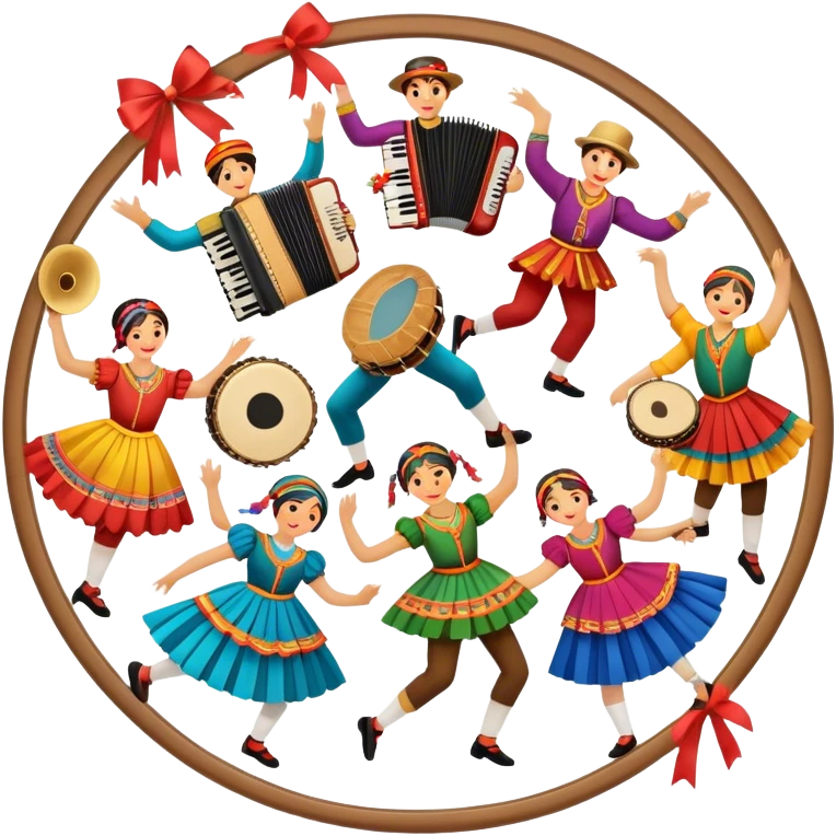 Humanless Icon for Folk Dance: traditional dance shoes, colorful folk costumes, and a dance circle with ribbons and musical instruments like a tambourine or accordion. The icon should represent the vibrant and cultural aspects of folk dancing. Transparent background. emoji