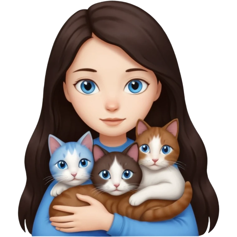 a girl with long dark 
brown hair, with blue eyes, hugs 3 different natural coloured cats emoji
