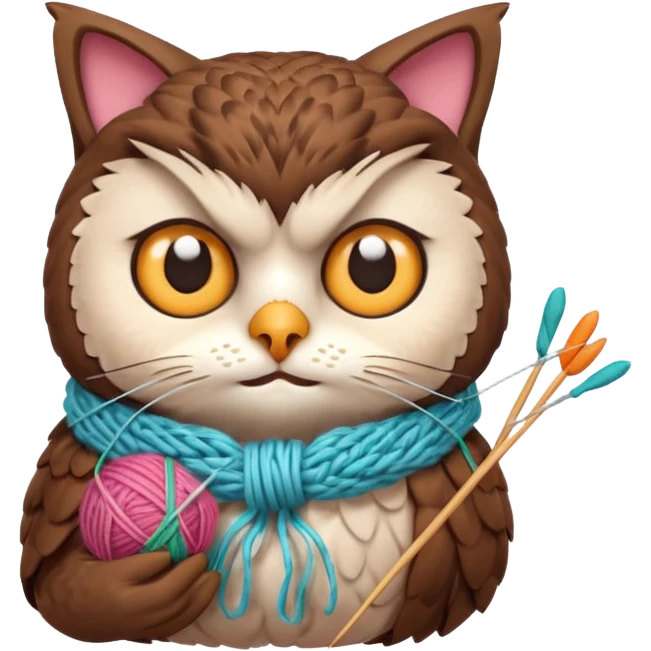 knitting owl portrait, head and shoulders only, cute cat holding knitting needles and yarn, cozy expression, warm handmade vibe, soft feathers, 3D cartoon style, mobile game icon style, clean background, no text, no watermark
 emoji
