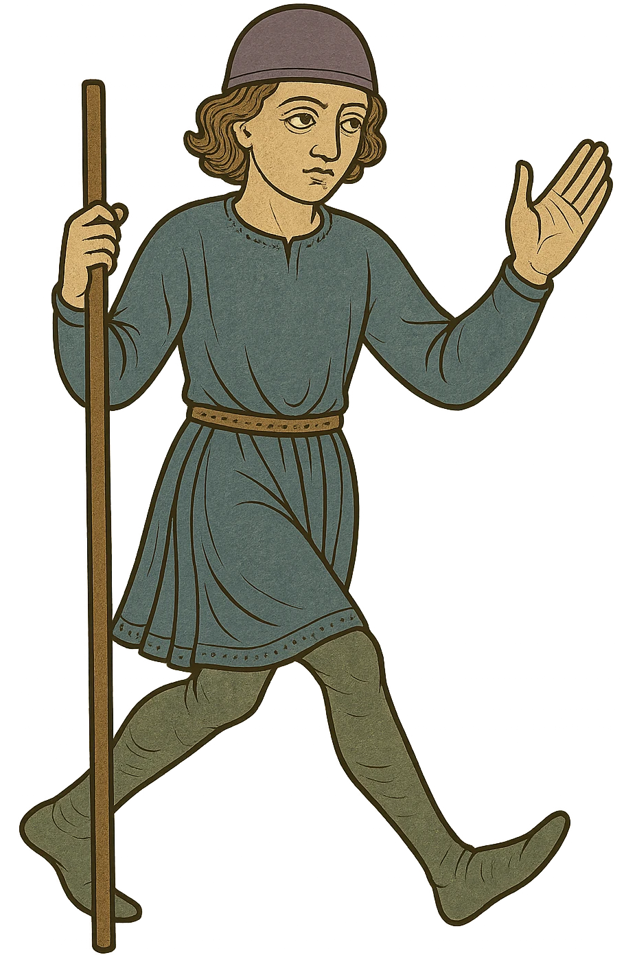 Edit the image to depict a medieval peasant character in a dynamic walking pose with a transparent background, maintaining the medieval art style and details. emoji