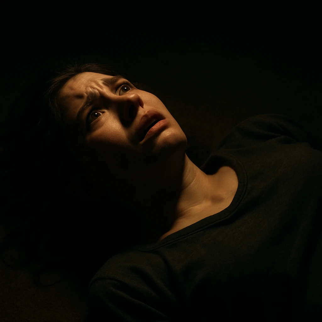 girl lying down in despair, face up, dramatic lighting emoji