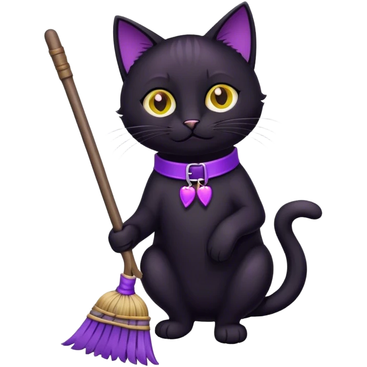 genie cat with a broom, black cat, purple collar emoji