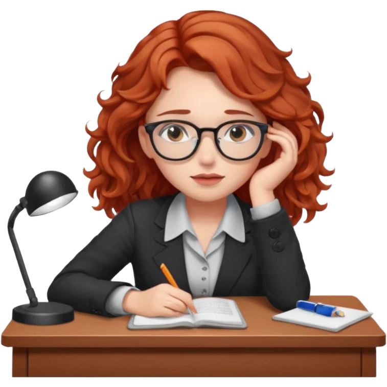 Pretty model, brown eyes, soft red wavy hair, falling asleep at desk emoji