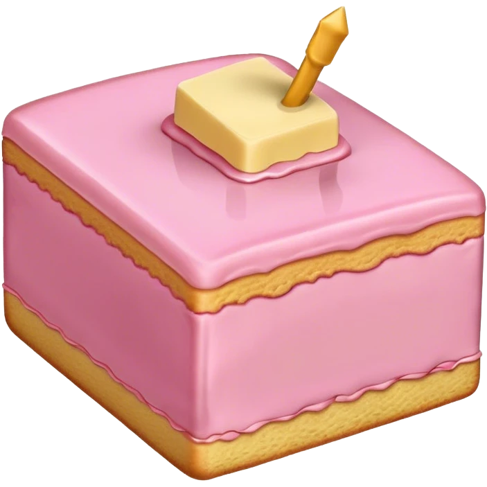 sweet simple slice of sponge cake, with pink frosting on top, pointing right emoji