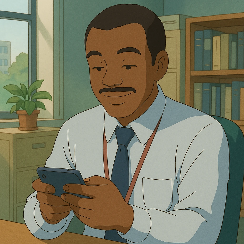 Black office employee playing on his phone emoji