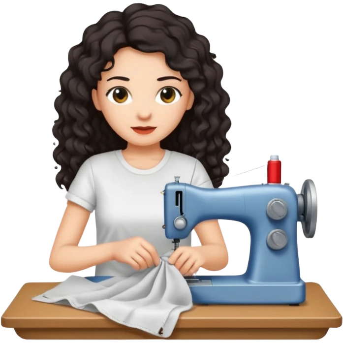 a woman with long curly dark hair sewing clothes wearing a white t shirt emoji