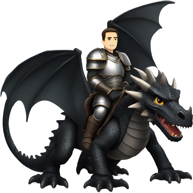 Confident armored White Man with dark brown hair and a short beard riding on the back of a giant armored black dragon emoji