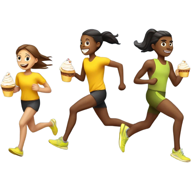 Runners in yellow tops holding cakes and coffee and running really fast emoji