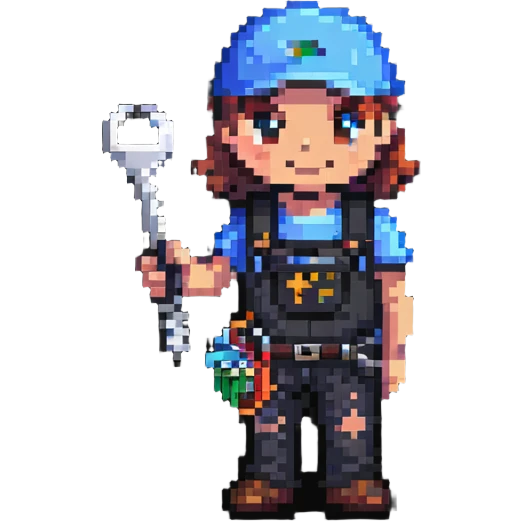Bright colorful pixel art IT technician holding a car repair tool key emoji