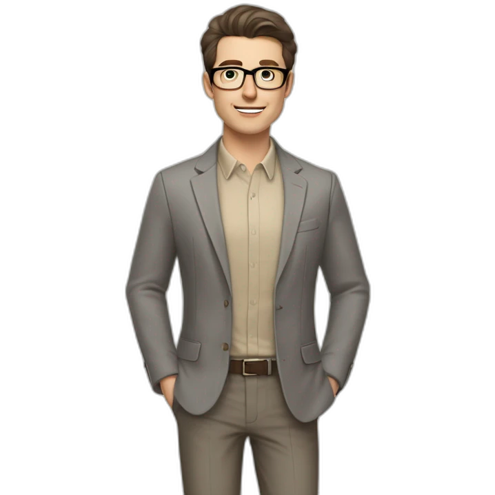 Full height Pale skinned Fit Man With dark brown hair in gray classic jacket, beige office shirt, Brown pants and vintage glasses. Thrumbs of his palms upwards emoji