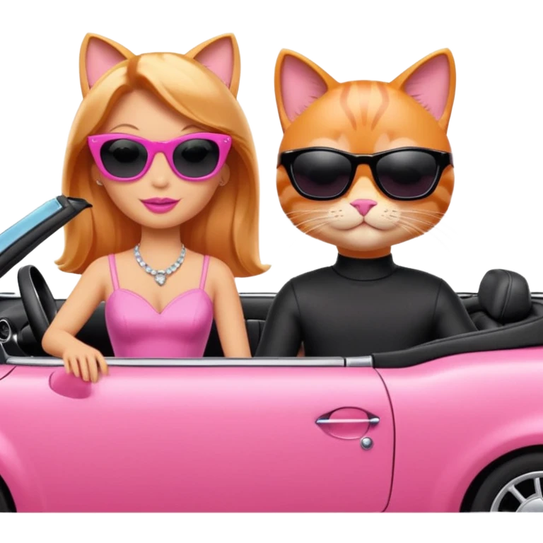 Barbie and Ken as cats driving a pink convertible car with sunglasses emoji