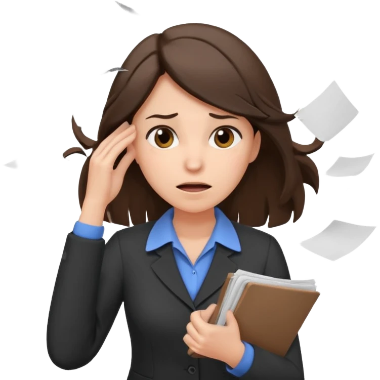 female teacher pulling her hair with stressed face, papers flying everywhere, brunette emoji