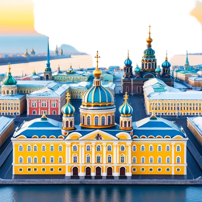 cinematic realistic emoji of St Petersburg Russia skyline with iconic landmarks Winter Palace, Church of the Savior on Spilled Blood, Peter and Paul Fortress, Lakhta Center, lifelike detail, accurate colors, bright daytime lighting, wide city view, no sky, no clouds emoji