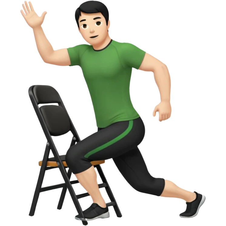 גבר זקן ג'ינג'י מלא כוסע שחור הפוך חולמה שחורה ומכנסיים ירוקות ארוכות מבצע תרגיל לאנג' בתמיכת כיסא מהצד שתי רגליים על הרצפה מח^זיק כיסא בידו emoji