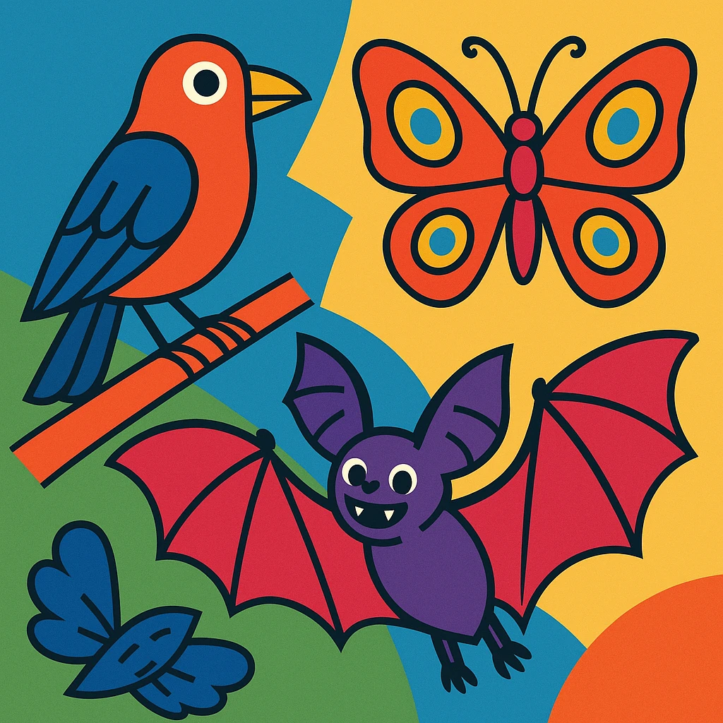 a group of animals with wings including a bird, a butterfly, and a bat in vibrant toon style emoji