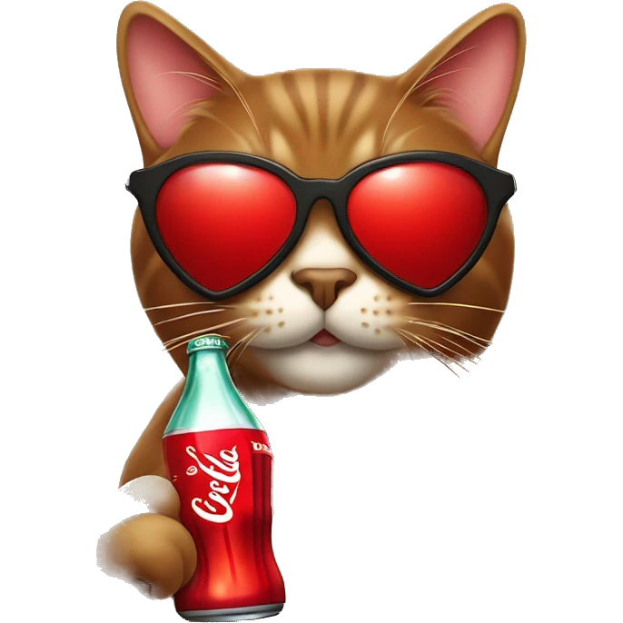 Brown cat wearing heart shaped sunglasses that are red drinking Coca-Cola emoji