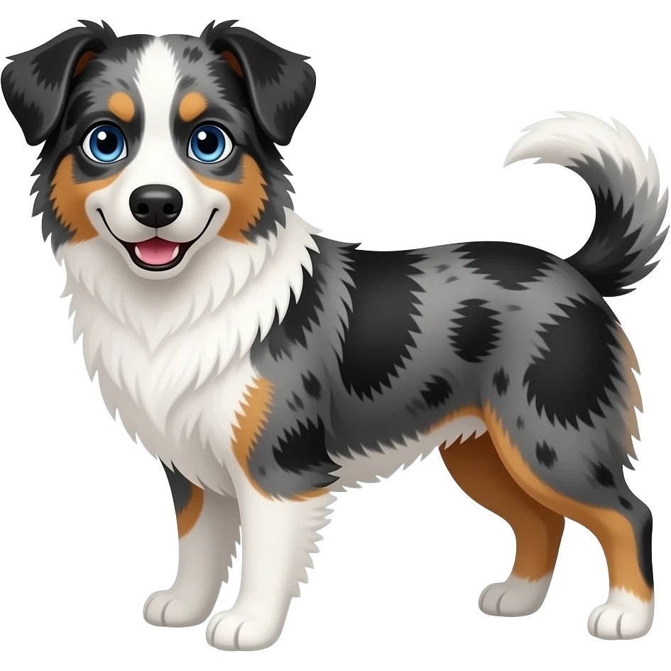 Blue Merle Aussie doodle with blue eyes mostly white face one year is black. The other is gray. emoji