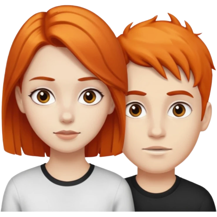 chica morena clara de pelo naranja y chicho blanco de pelo negro y grandes cejas emoji