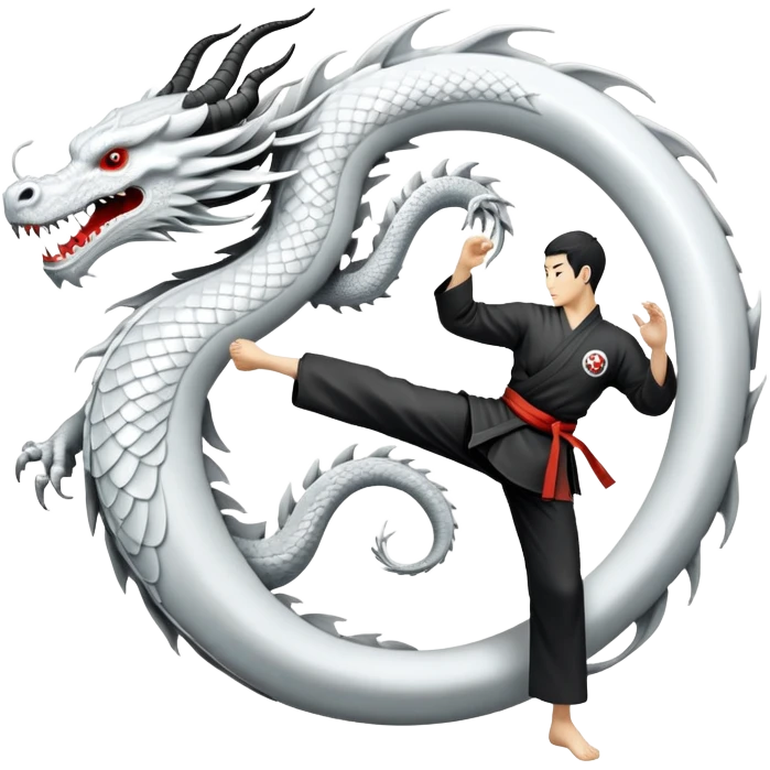 An icon symbolizing Eastern martial arts in the style of an emblem, featuring a black-and-white Yin-Yang symbol and a dragon at the center. A martial artist is performing a fluid kick, surrounded by elements like a dojo and bamboo. Transparent background highlights balance and power. emoji