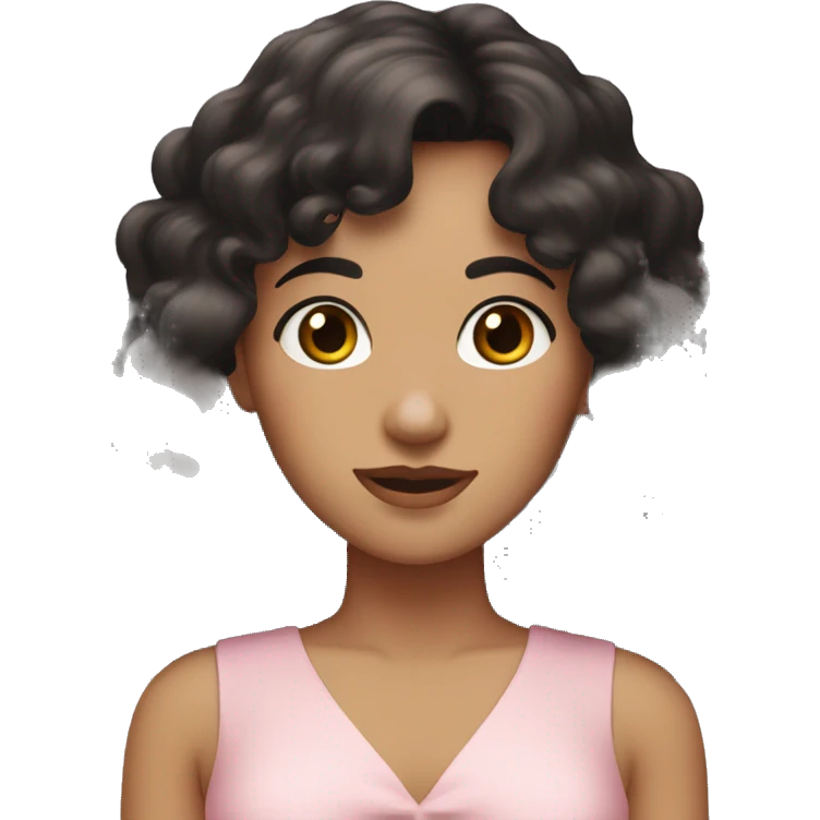 White woman with long black curly hair and bangs and dark brown eyes, wearing a pastel pink dress emoji