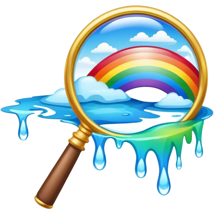a magnifying glass with a rainbow river flowing through it and passing by emoji