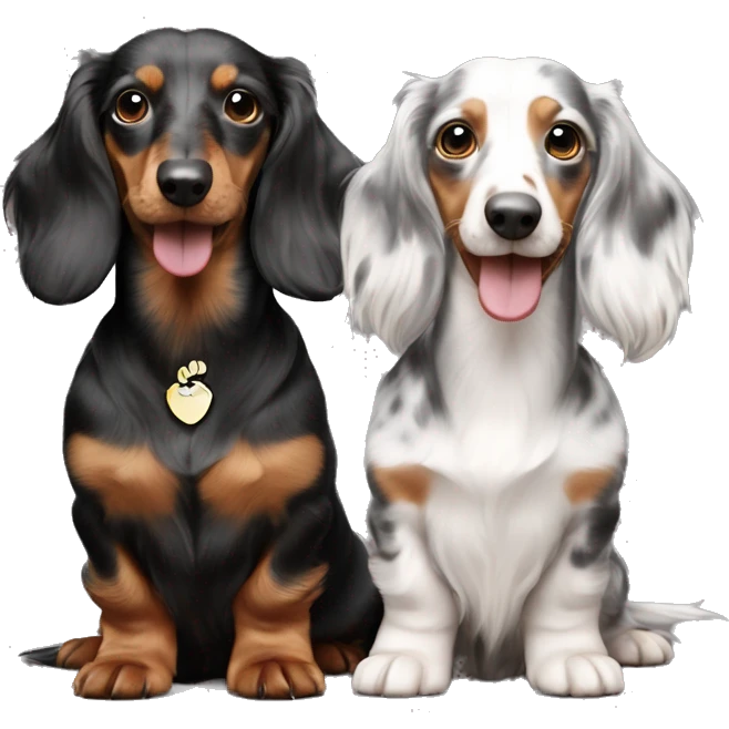 Two identical tri merle long hair dachshunds together  emoji