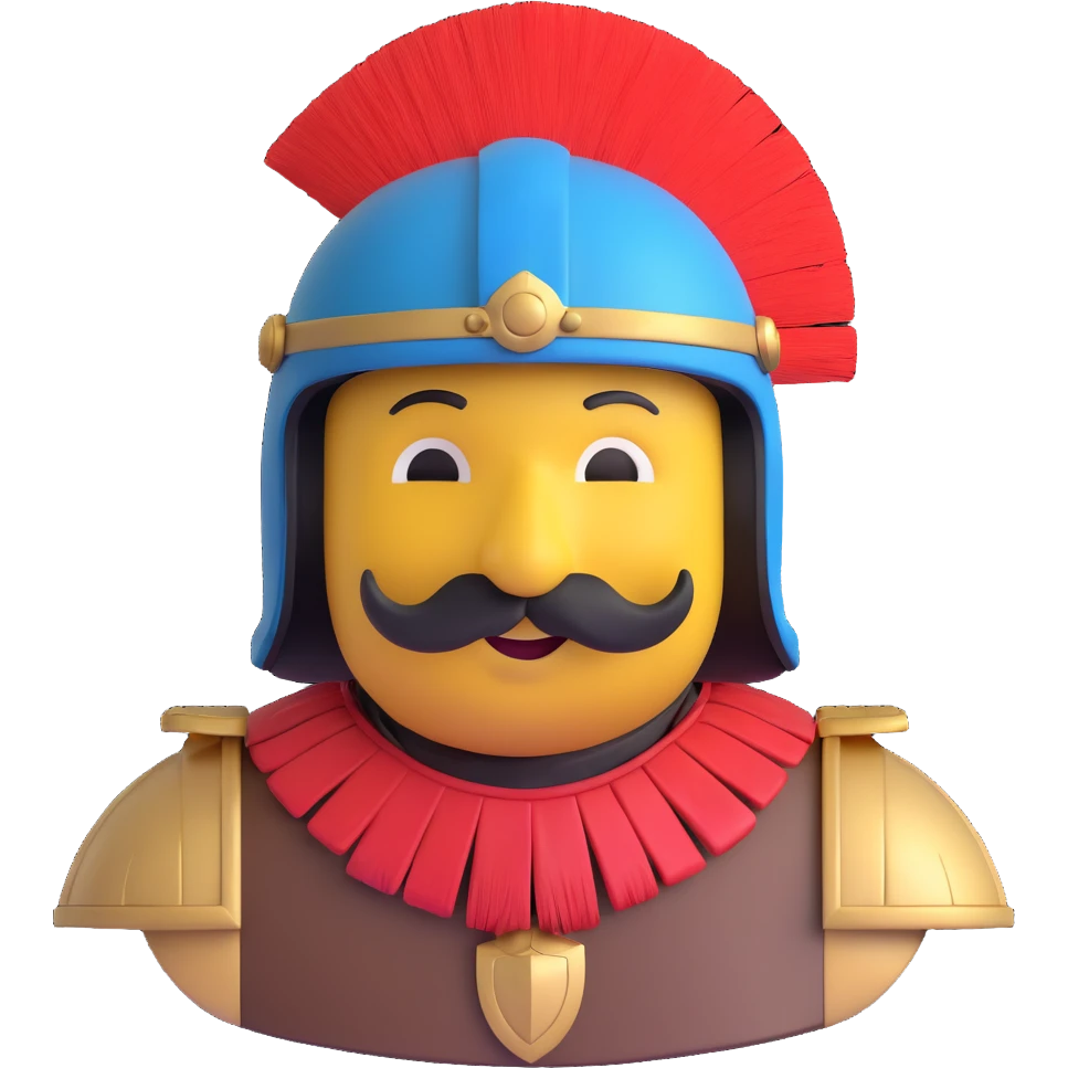 smiley face styled as an Age of Empires II Conquistador, with a helmet, mustache, and plume, friendly and fun, no text, for a Discord channel icon emoji