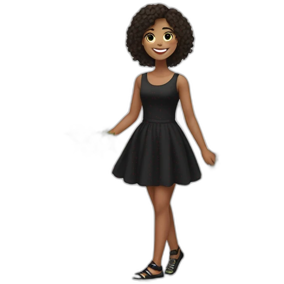 18 year old girl smiles in a short black dress with a white background and some flowers  holding one leg up emoji