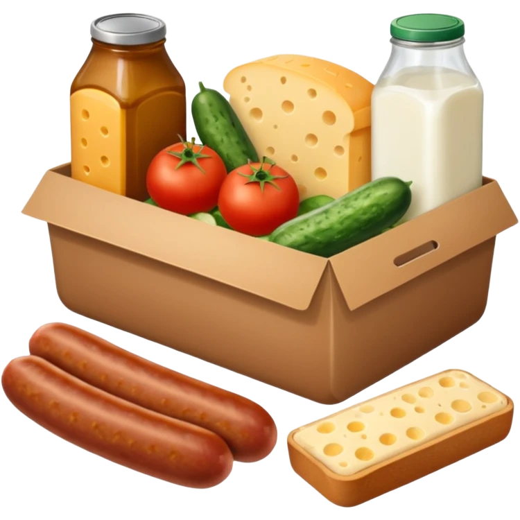 a box of groceries, sausage, cheese, canned meat, herbs, milk, tomatoes, cucumbers, and a loaf of bread emoji