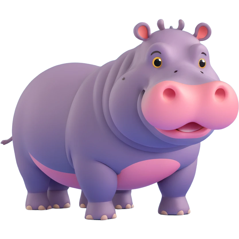 3D emoji style hippo, full body, walking, simple and cute, round features, expressive eyes emoji