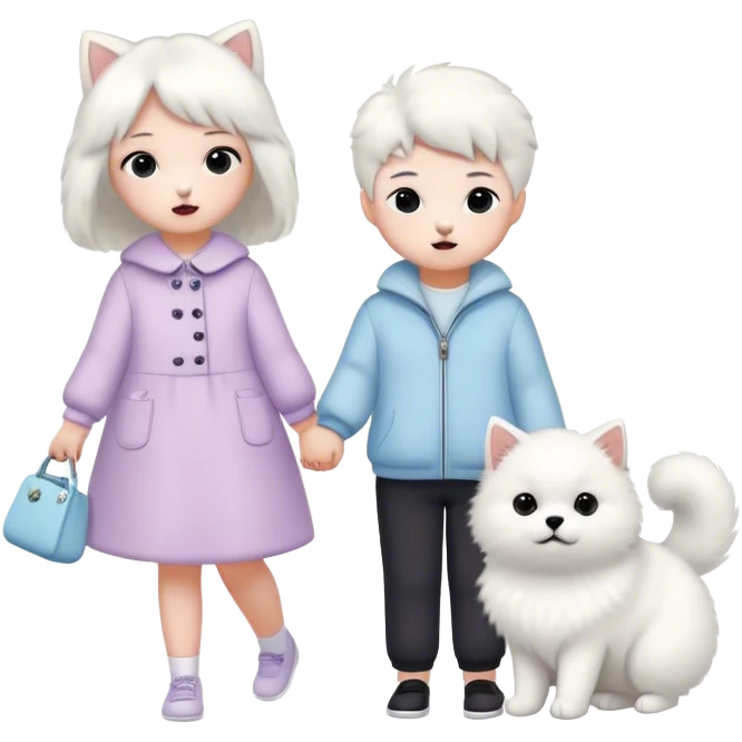 children in pastel clothes play with a Samoyed and a black British cat emoji