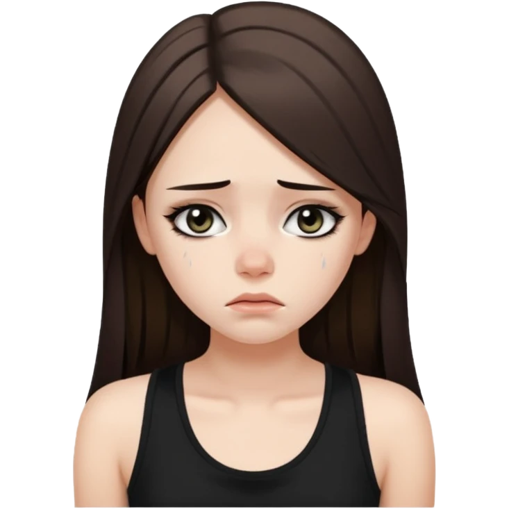 a fair girl with straight long brunette hair, black tank top, eyeliner on. Looking sad emoji