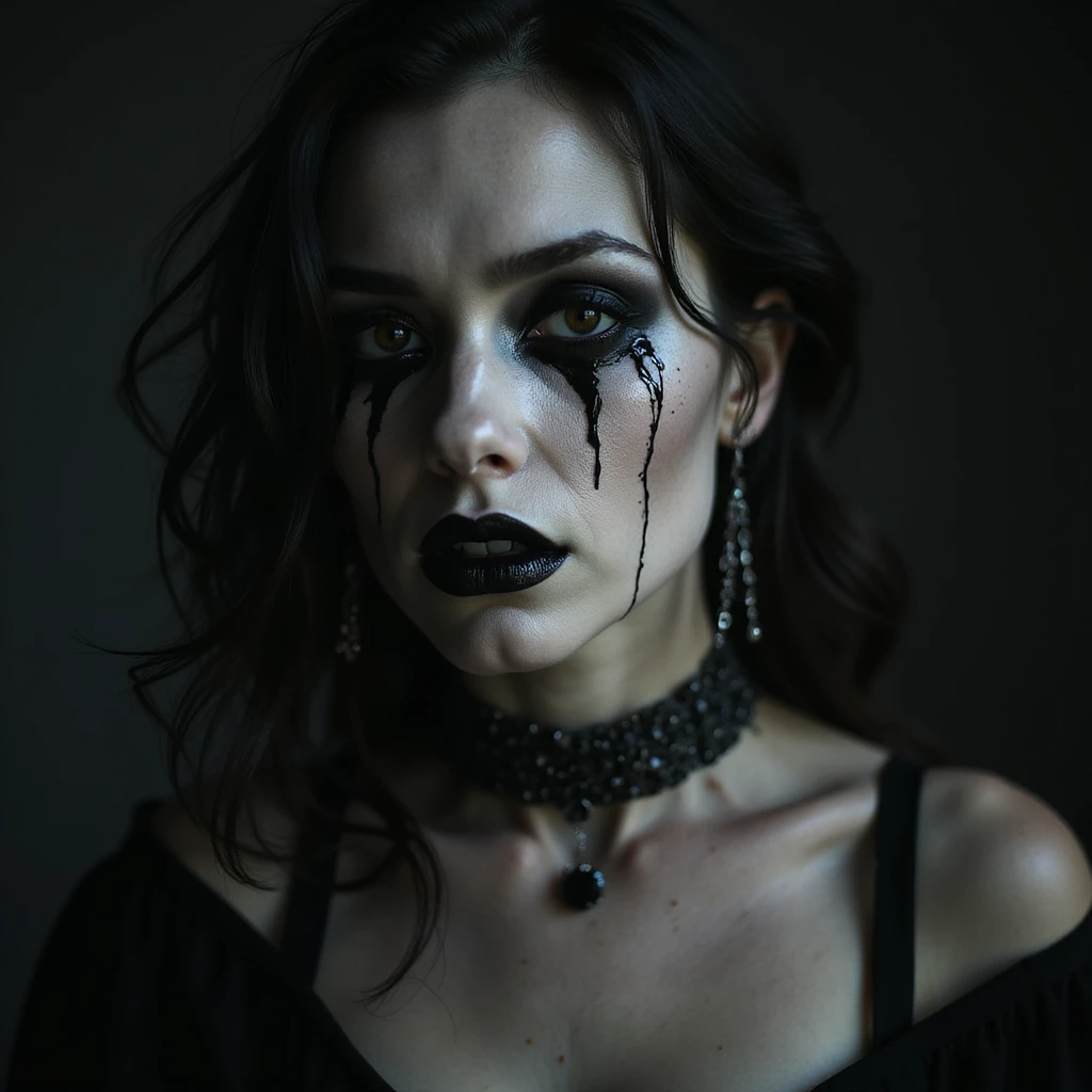 realistic horror portrait of a beautiful scary woman with pale skin, black tears, cracked porcelain effect, gothic jewelry, dramatic lighting emoji
