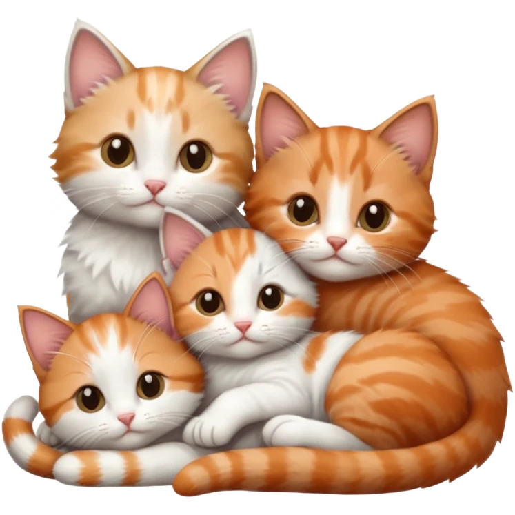 6 tiny kittens cuddling together all different colours, the first one is grey and white, the second is ginger and white and the third is brown tabby and white emoji