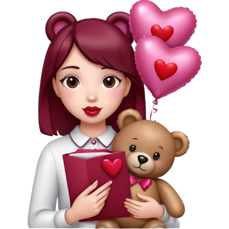 maroon love letter, three metallic pink heart-shaped balloons and red kisses and love teddy bear emoji