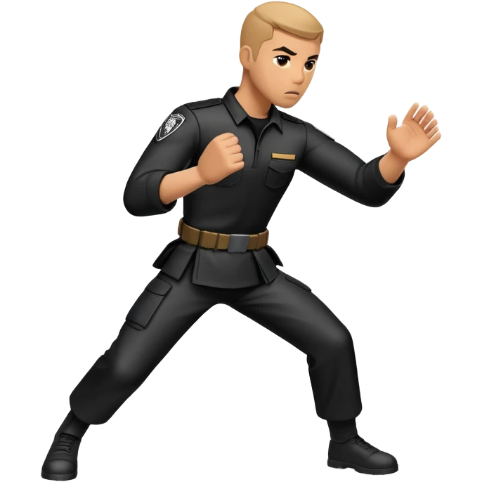 A tactical Krav Maga figure in black uniform, blocking an attack with a defensive arm motion, serious expression, symbolizing real-world combat, minimal but strong design emoji