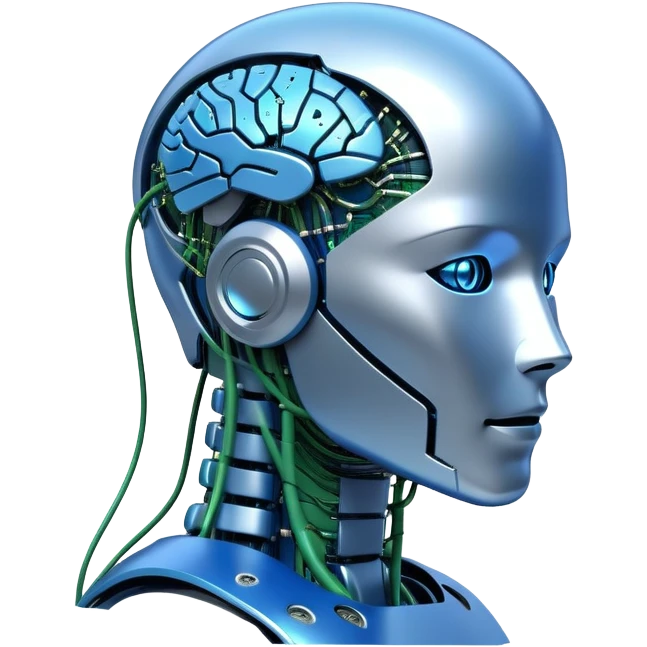 An icon featuring a humanoid robot, a neural network diagram, and a glowing brain, symbolizing artificial intelligence. The design includes binary code, a microchip, and data flow lines, representing machine learning, automation, and innovation. Transparent background emoji