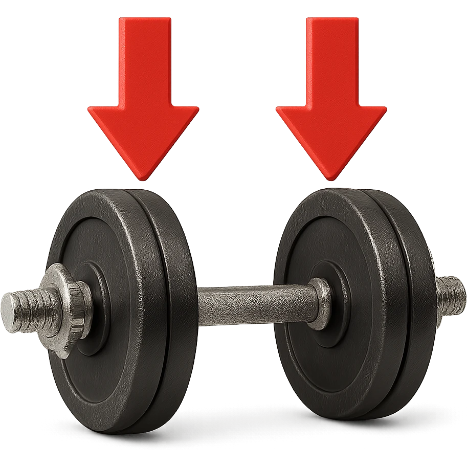 realistic dumbbell with thick red arrows pointing down, 3D effect, isolated on white background emoji