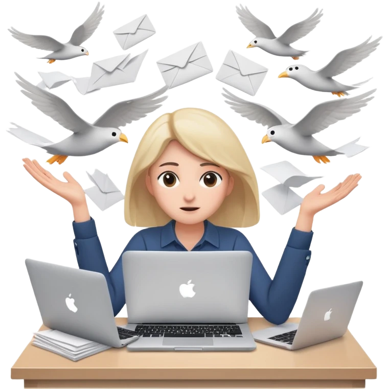 tired woman sitting at a desk with a MacBook, holding her arms out to the side, surrounded by lots of flying papers emoji