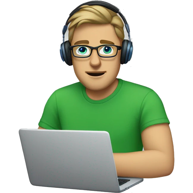 white guy with dark blond hair square glasses blue eyes wearing green t-shirt with laptop and headphones emoji