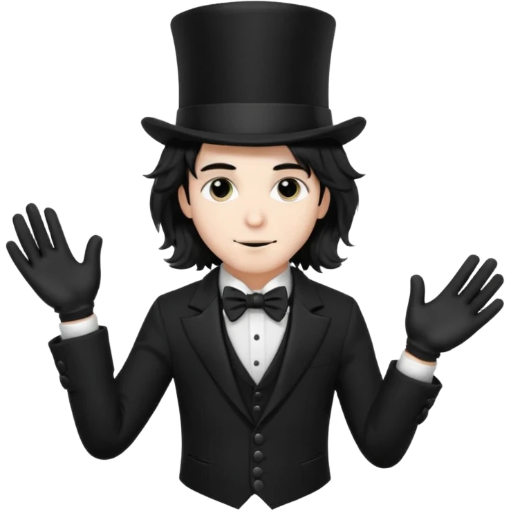Male Goth with Top short Hat
 Wavy shoulder-length hair, white skin, black suit and gloves, pale skin tone,  emoji